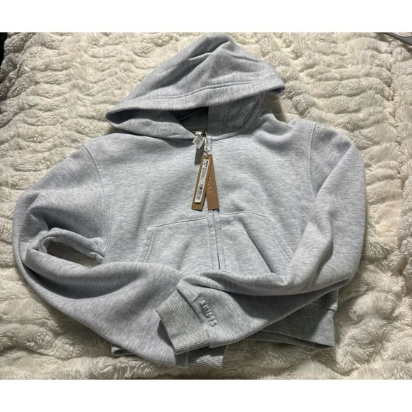 Skims Cotton Fleece Cropped Zip Up Hoodie Light Heather Grey Size XS NWT $84 - Picture 2 of 3